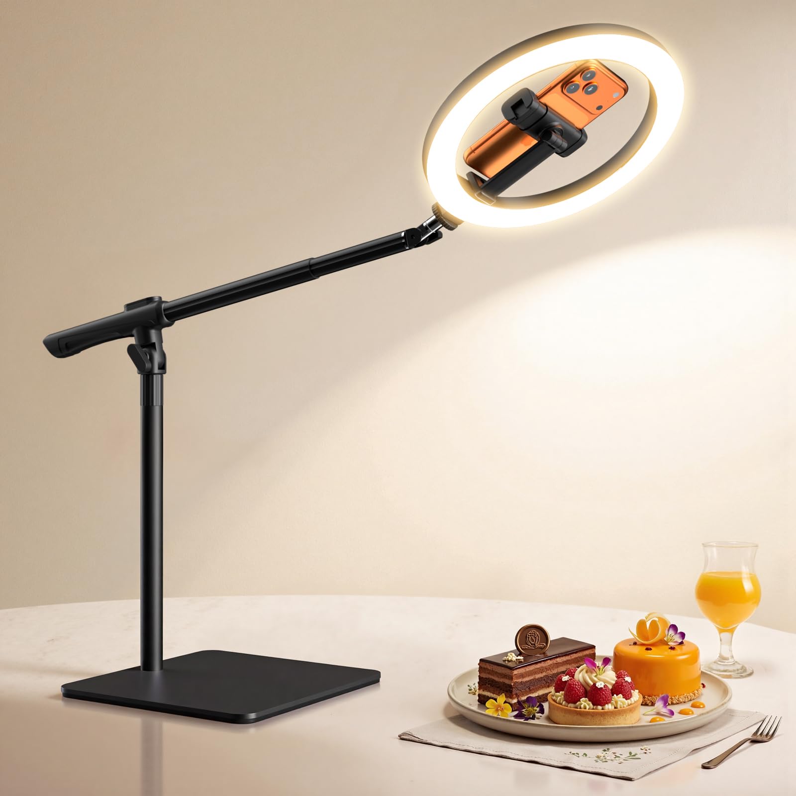 LUXSURE Overhead Treppiede cellulare con luce ad anello per cucina e video alimentari, supporto da tavolo con luce ad anello, anello Light con treppiede per tavolo | anello luce ad anello per cucina e