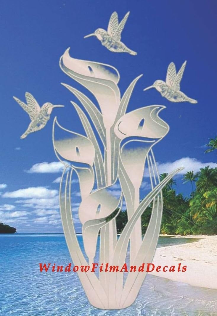 Lily and Hummingbirds Oval Static Cling Window Decal 15" x 23" - Clear w/White Elements
