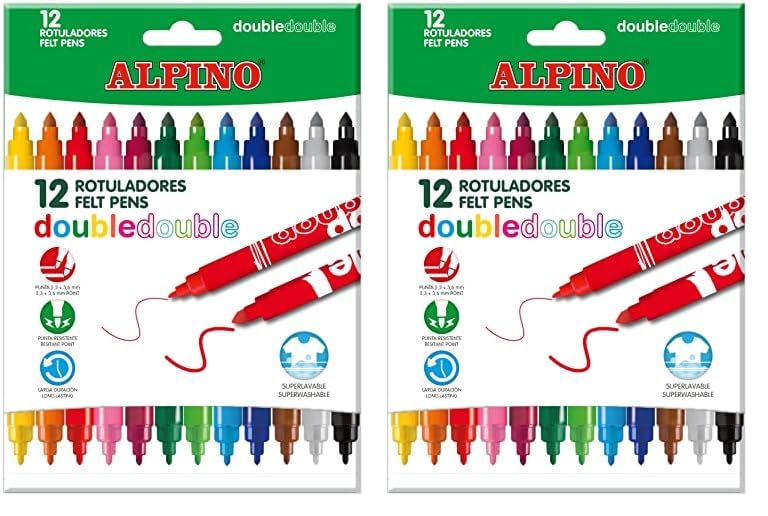 Alpino Rotulador double double punta gruesa y punta fina caja de 10+2 colores surtidos (Paquete de 2)