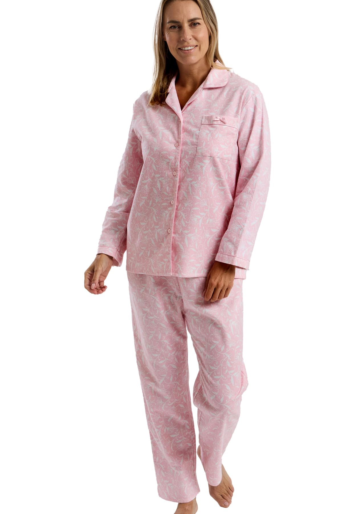 Marlon Womens Blanche Printed Brushed Cotton Piped Revere Collar Pyjama, Pretty Pink, 24-26
