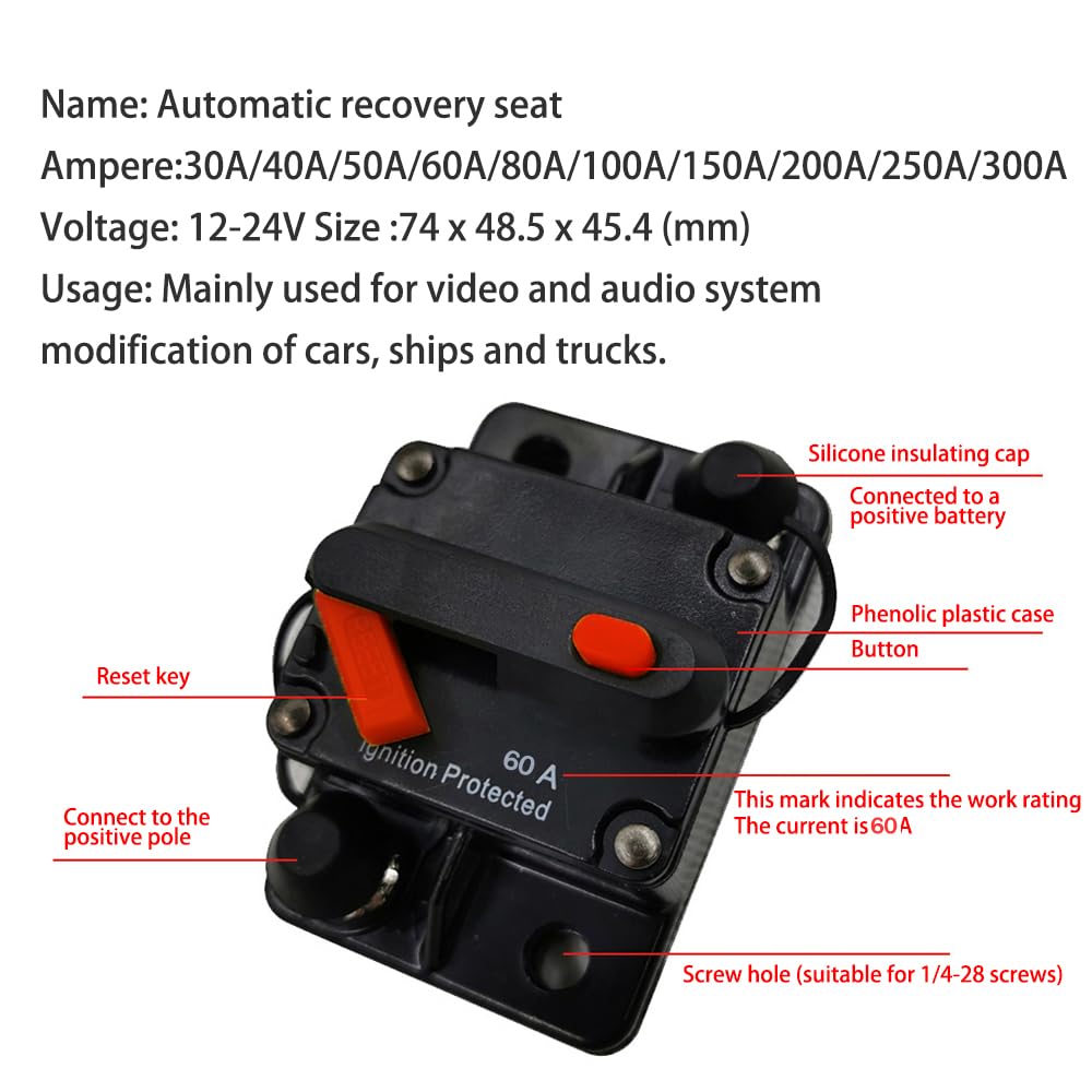 60 Amp 12V DC Circuit Breaker – Manual Reset – Waterproof – For Car, Marine, Stereo, Inverter