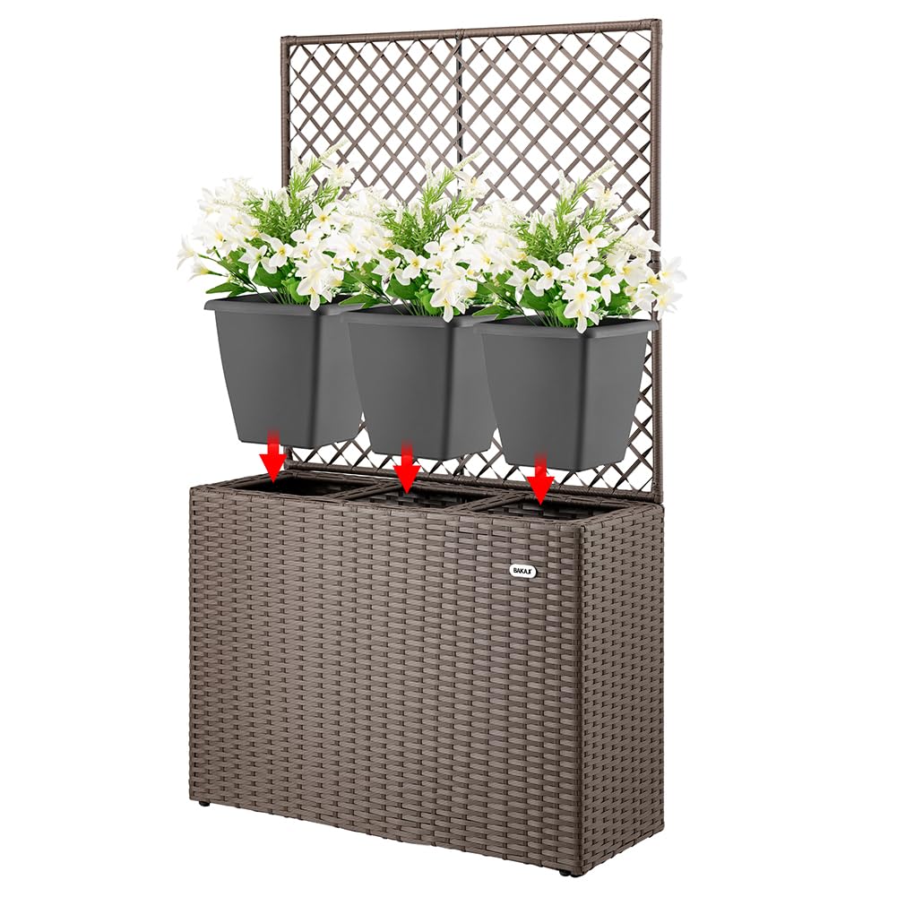 BAKAJI Fioriera da esterno con spalliera in polyrattan, 3 Vasi Removibili Contenitori per Piante, Traliccio da Esterno con grigliato ideale x Giardino, Balcone, Terrazzo, Pianta Rampicante (Marrone)