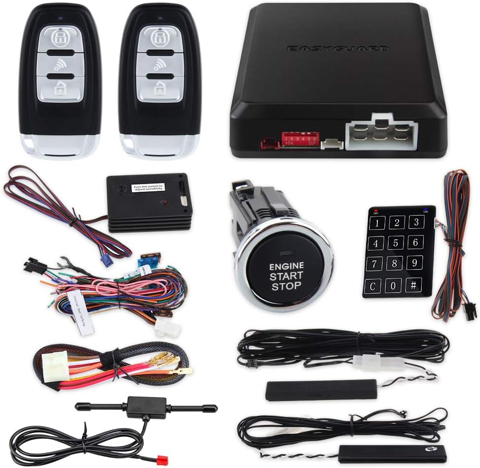 Easyguardrolling code car alarm system with passive keyless entry push start stop button touch password entry vibration alarm auto start starter ec002-lb-ns DC12V