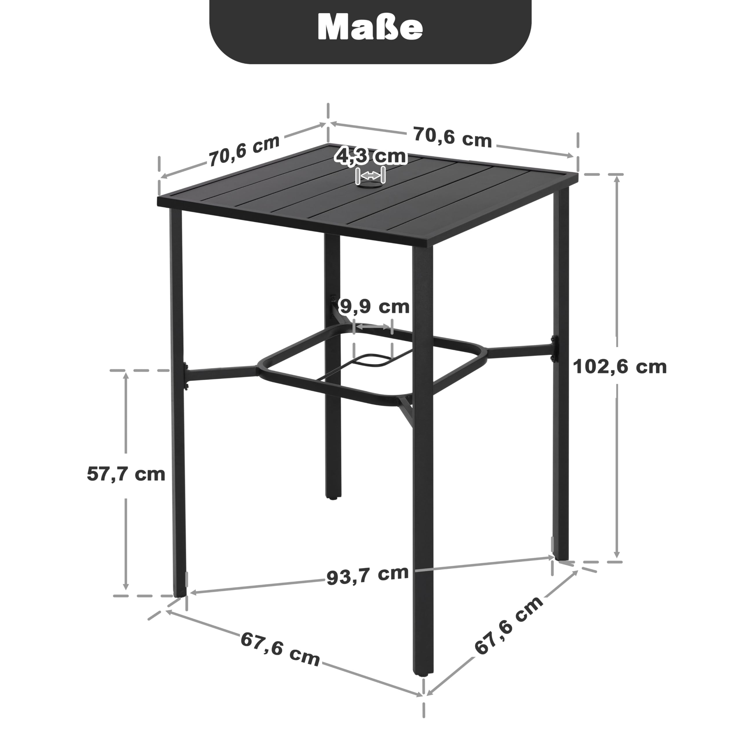 Avestar Outdoor 71 cm Quadratischer Bartisch mit Sonnenschirmloch, Stehtisch, Lattenrost-Tischplatte mit pulverbeschichtetem Metallgestell, für Terrasse, Garten, Hinterhof und Balkon, Schwarz