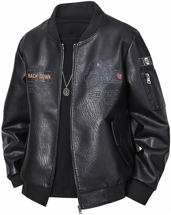 Men's Faux Leather Bomber Coat Classic Washed PU Jackets Trend Motorcycle Vintage Outerwear Slim Fit Coats With Rib Collar