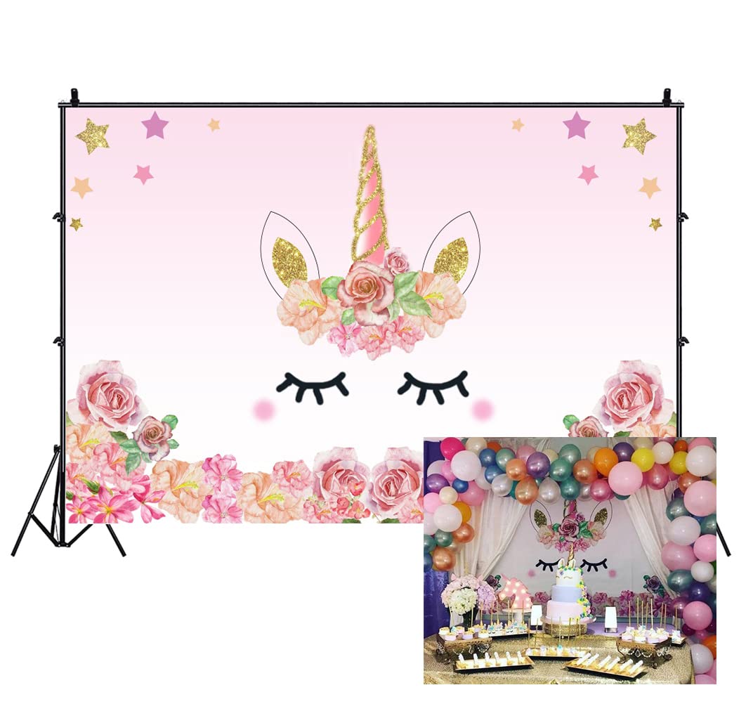 AOFOTO 5x3ft Cartoon Pink Unicorn Background Birthday Party Banner Sweet Flowers Backdrop Kid Baby Shower Infant Newborn Girl Art Portrait Photo