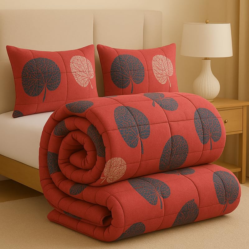 Image of BSB HOME Premium Microfiber Printed Double Bed Comforter with 2 Matching Pillow Covers | All-Season Reversible AC Blanket for Winter & Summer | Soft & Lightweight Quilt for Double Bed - Brick Pink