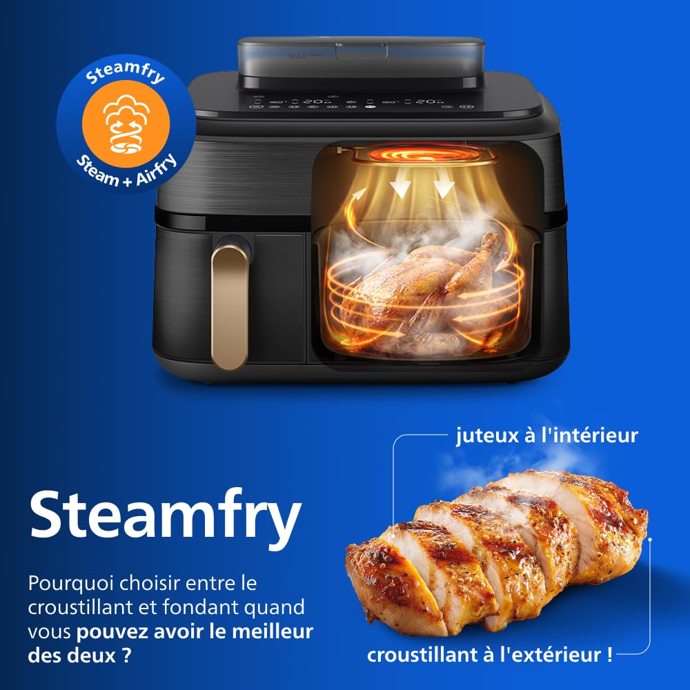 Philips Airfryer Série 5000 - Air Fryer double panier avec cuisson vapeur, 9L, RapidAir, 19 modes de cuisson, jusqu'à 90% de matières grasses en moins, AirSteam, nettoyage vapeur, HomeID (NA552/00)