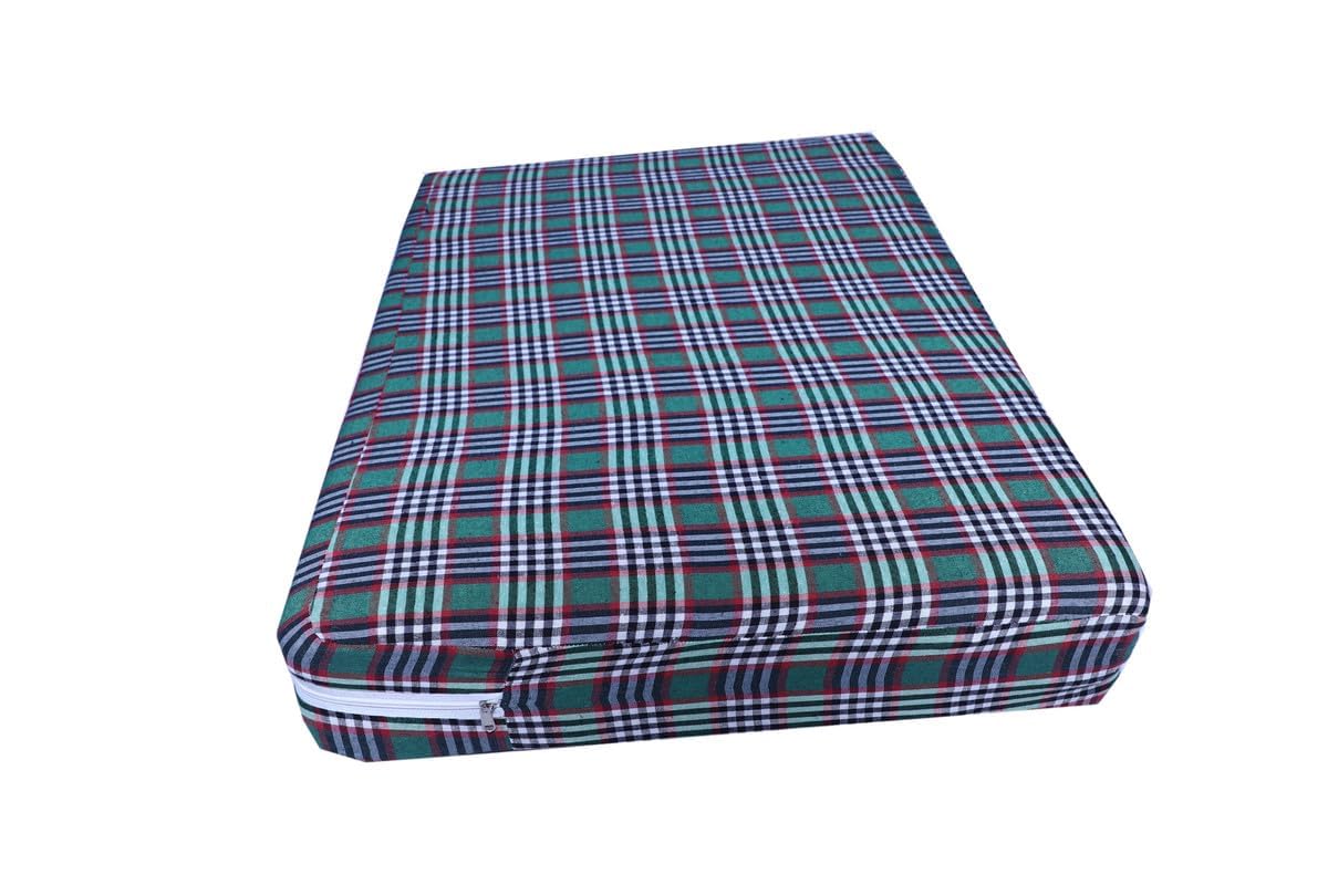 Checkered Foam Mattress with Zippered Cotton Cover, Green | Tartan Plaid Pattern, Removable Zip Cover, Floor Seating Use, Compact & Portable, Cotton Fabric-image-43