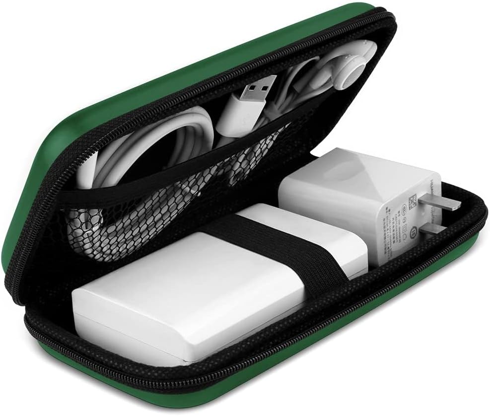 iMangoo Travel Essential Electronics Organizer Charger Case, Shockproof Dual Zipper Power Bank Cables Tech Accessories Pouch Purse, Men & Women Travel Must Have Storage Bag, 6.5x3.2x1 inch Green