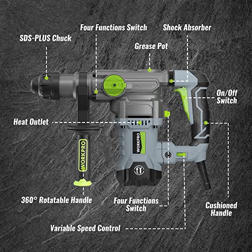 Image of WORKPRO 1-1 /4 Inch SDS-Plus Rotary Hammer Drill, 12.5AMP, Heavy Duty Corded Version for Concrete Demolition Chipping Rotomartillo, 5 SDS-Plus Bits