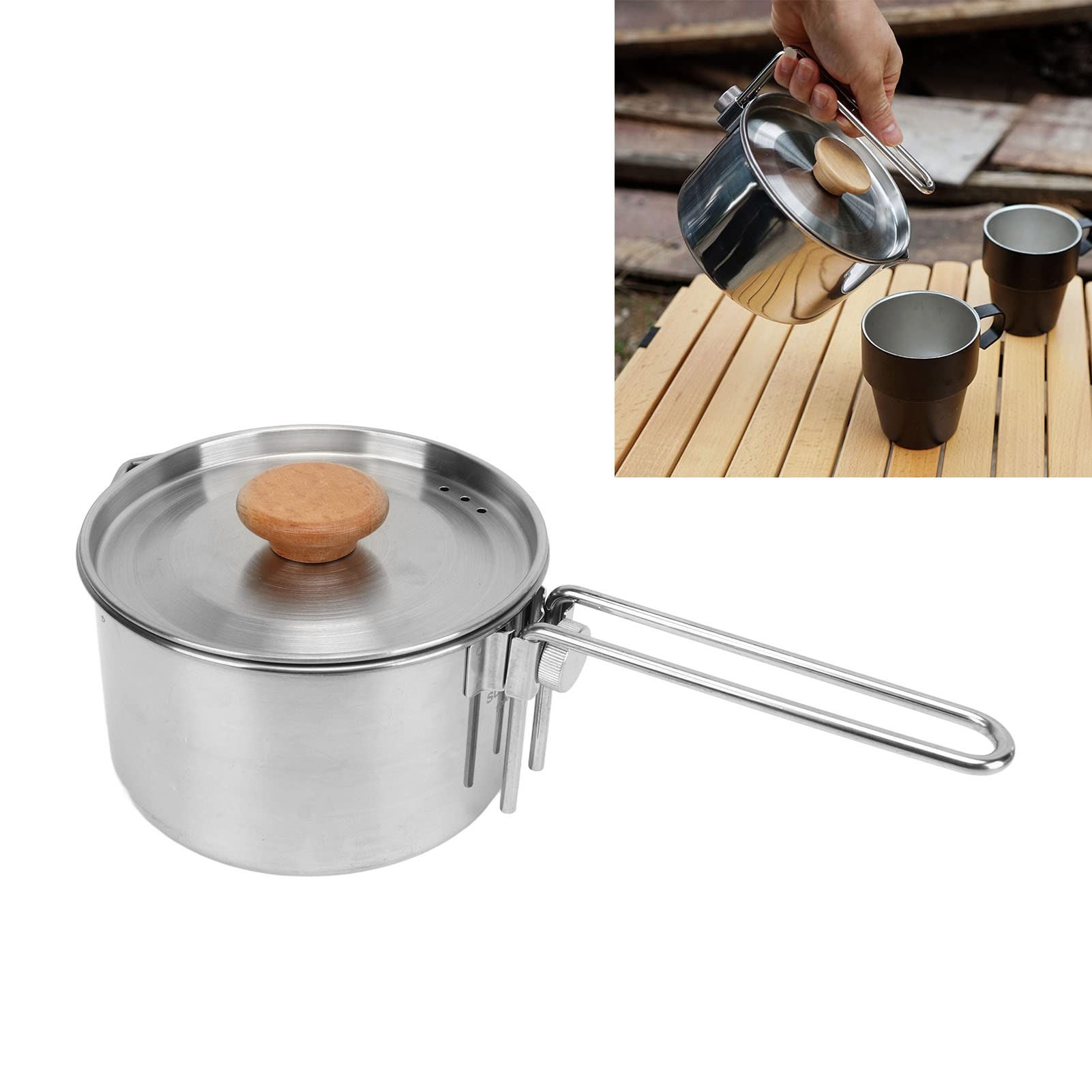 Topyond 1L Stainless Steel Portable Camping Cookware Pot, Foldable Handle, Hiking Backpacking Picnic Gear, Bushcraft Cooking