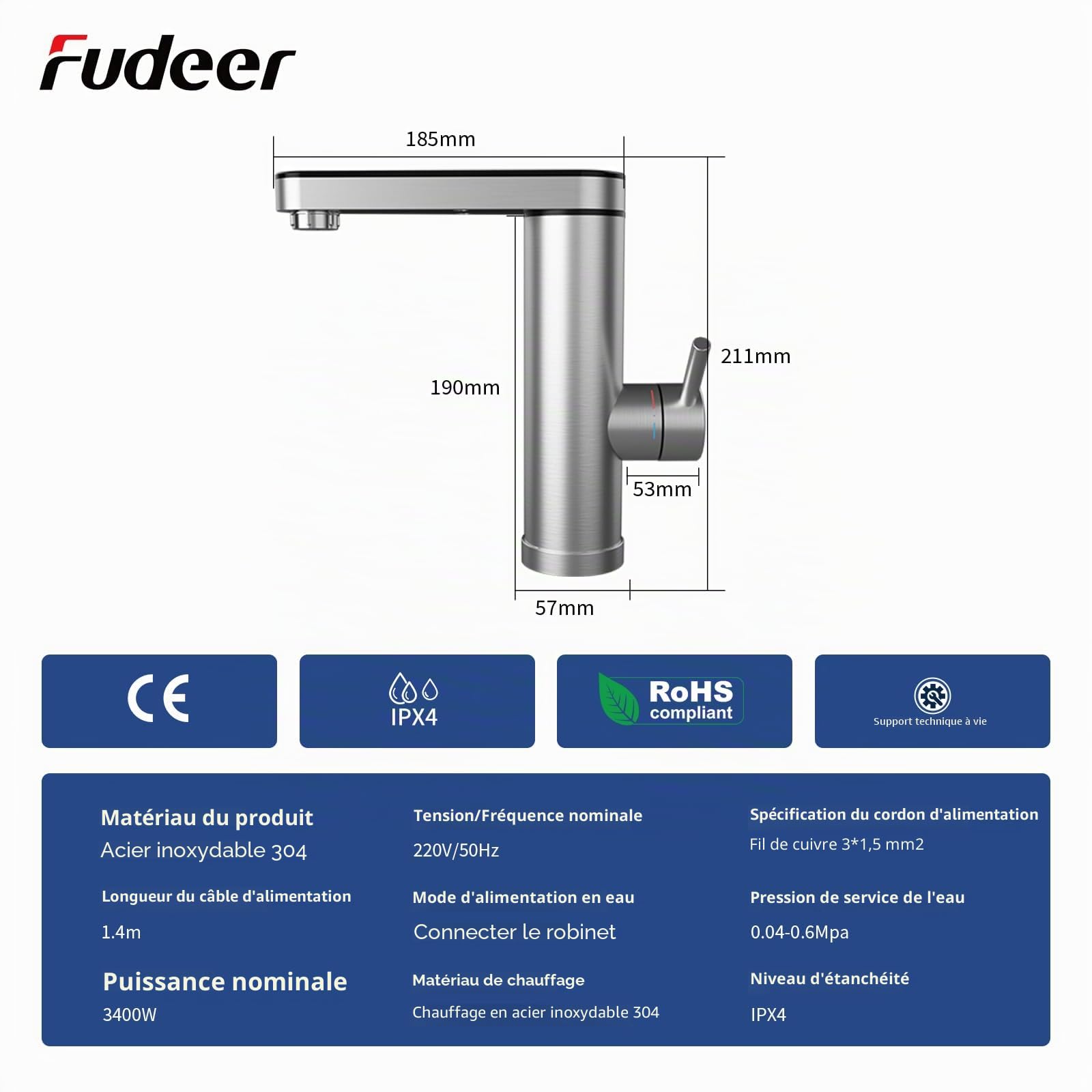 Robinet électrique de salle de bain avec chauffe-eau instantané 230 V, 3,3 kW avec affichage numérique (30-45 ℃), chauffage rapide, bec rotatif à 120 °, acier inoxydable 304 (argent)