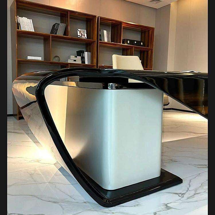 Image of Executive CEO Director Desk - Marble Finish L-Shaped Office Table with PU Leather Inlay & Integrated Side Storage (LDL-786 MDFL L6W3)