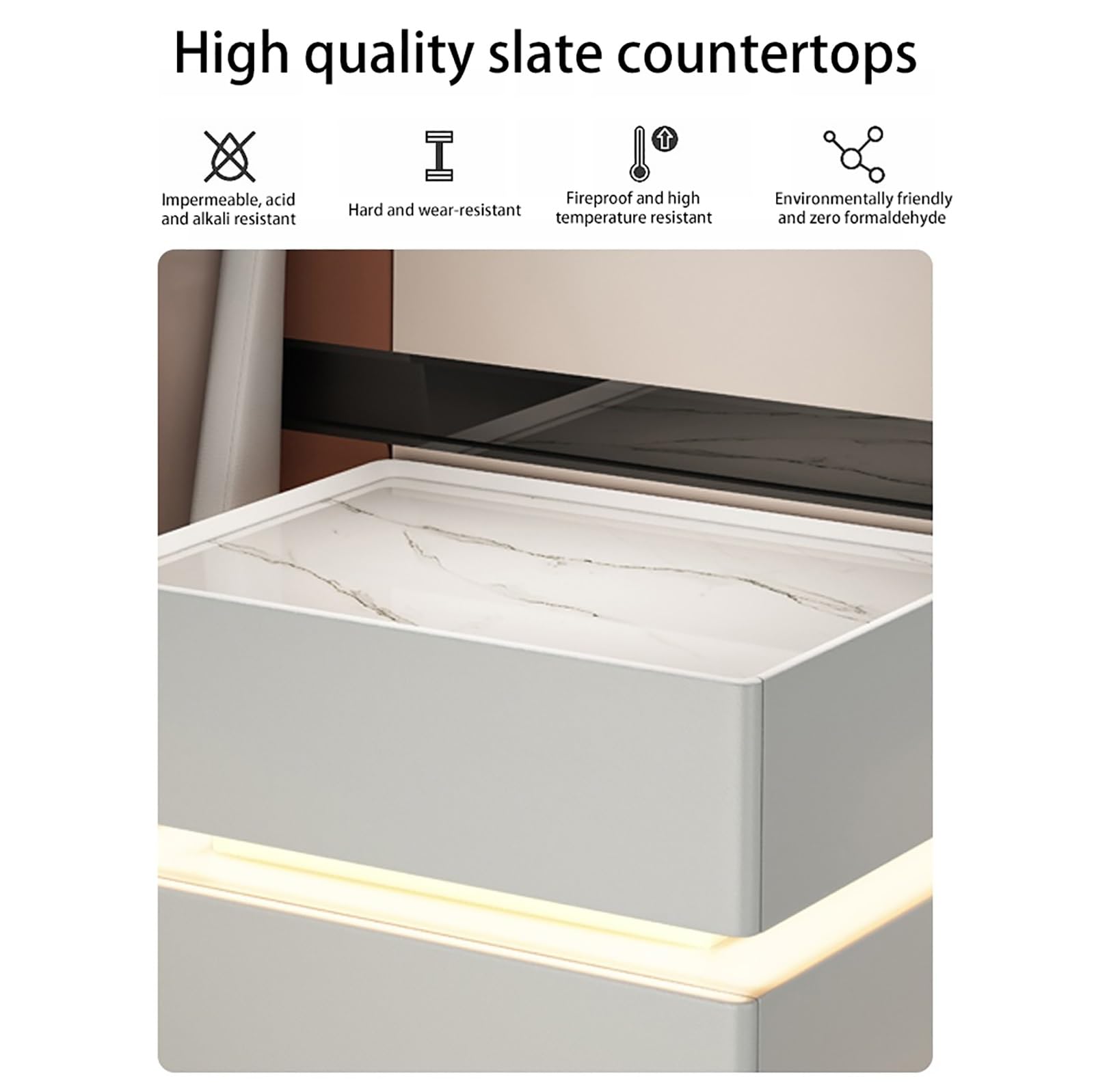 Comodino Moderno Bianco Con Luci LED E Stazione Di Ricarica - 2 Cassetti E Ripiano Aperto - 3
