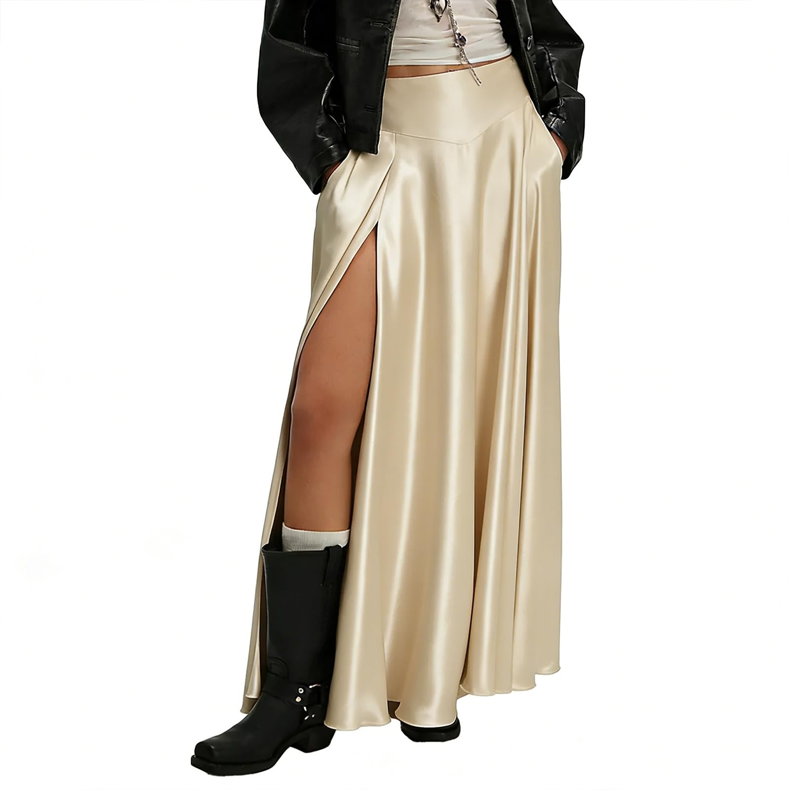 Womens Satin High-Waisted Side-Slit Flowing A-Line Maxi Skirt with Pockets Elegant and Stylish