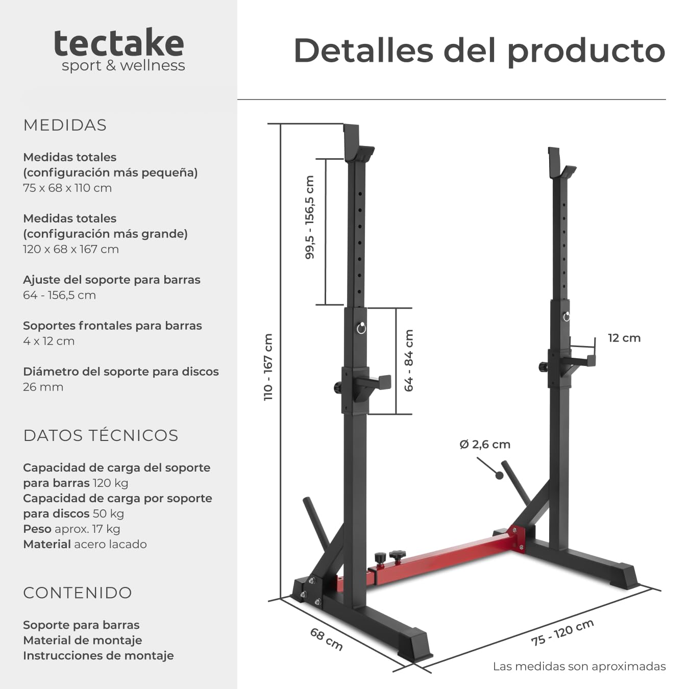 tectake Estante para sentadillas con soporte para pesas, Squat rack, Aparato para entrenamiento de fuerza, Equipo para fitness
