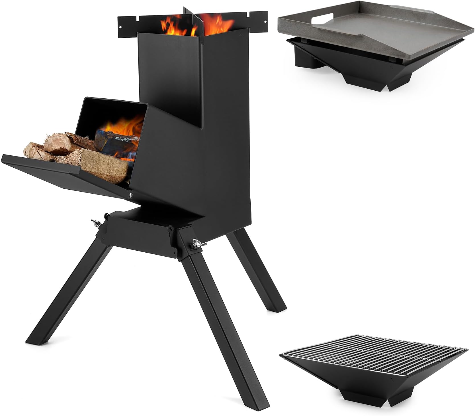Stanbroil 3 in 1 Rocket Stoves with Grill Rack, Griddle and Pot Cooking Stand, Heavy Duty Wood Burning Stoves for Cooking, Camping wood Stove Kit for Off-Grid Supply, Outdoor Grilling Event