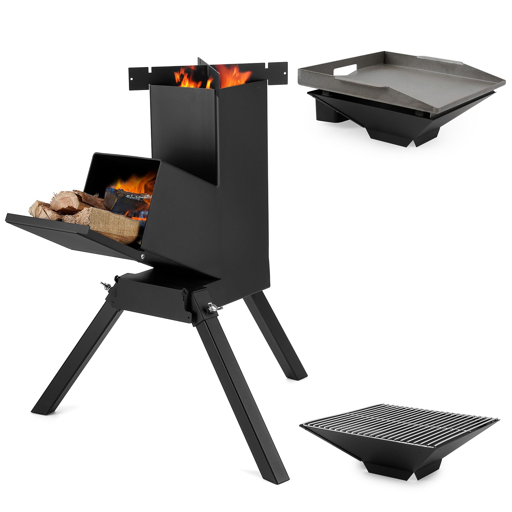Stanbroil 3 in 1 Rocket Stoves with Grill Rack, Griddle and Pot Cooking Stand, Heavy Duty Wood Burning Stoves for Cooking, Camping wood Stove Kit for Off-Grid Supply, Outdoor Grilling Event