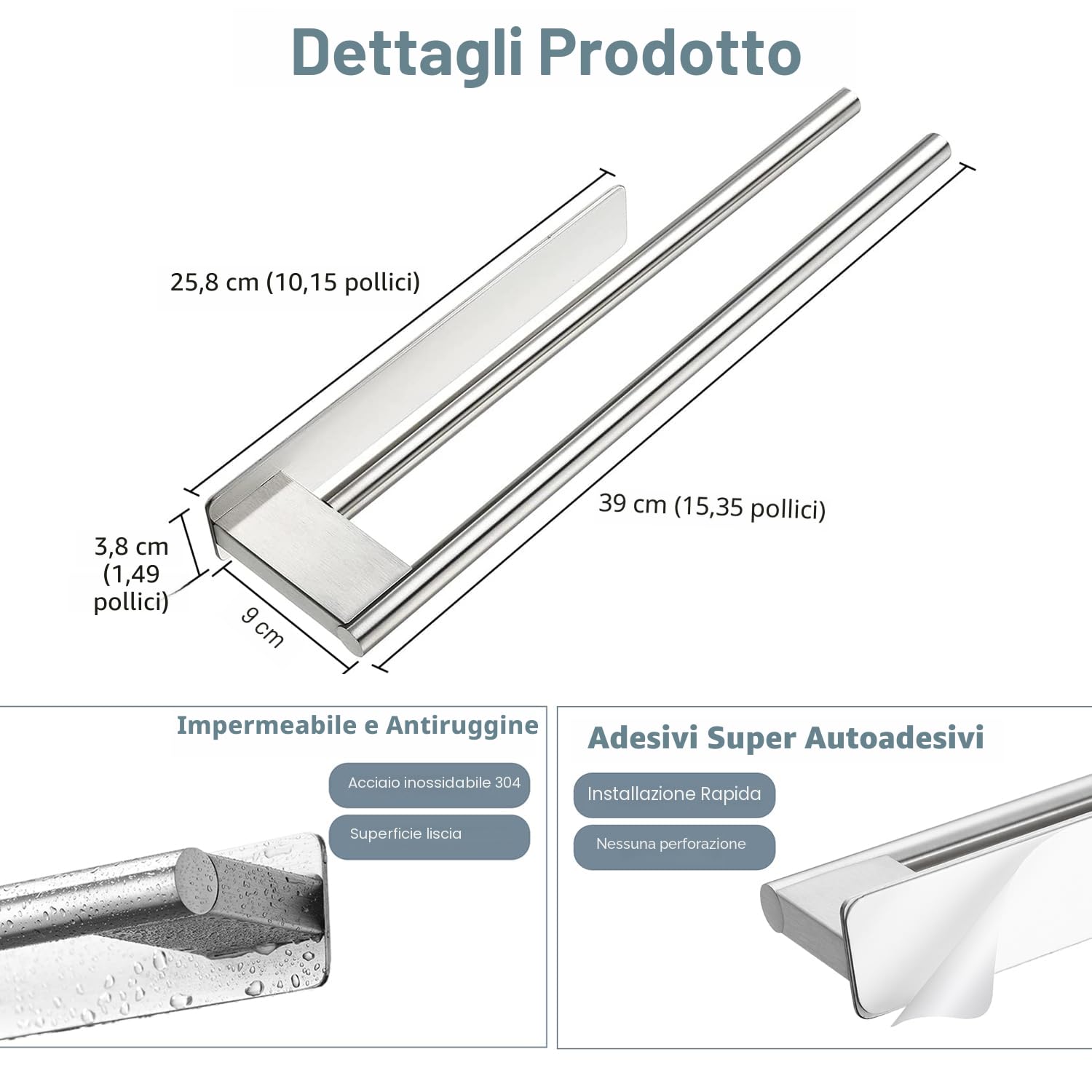 Porta Asciugamani Bagno Adesivo, Portasciugamani Adesivo Bagno Doppio, Porta Salviette da parete per Cucina in Acciaio Inox, Argento