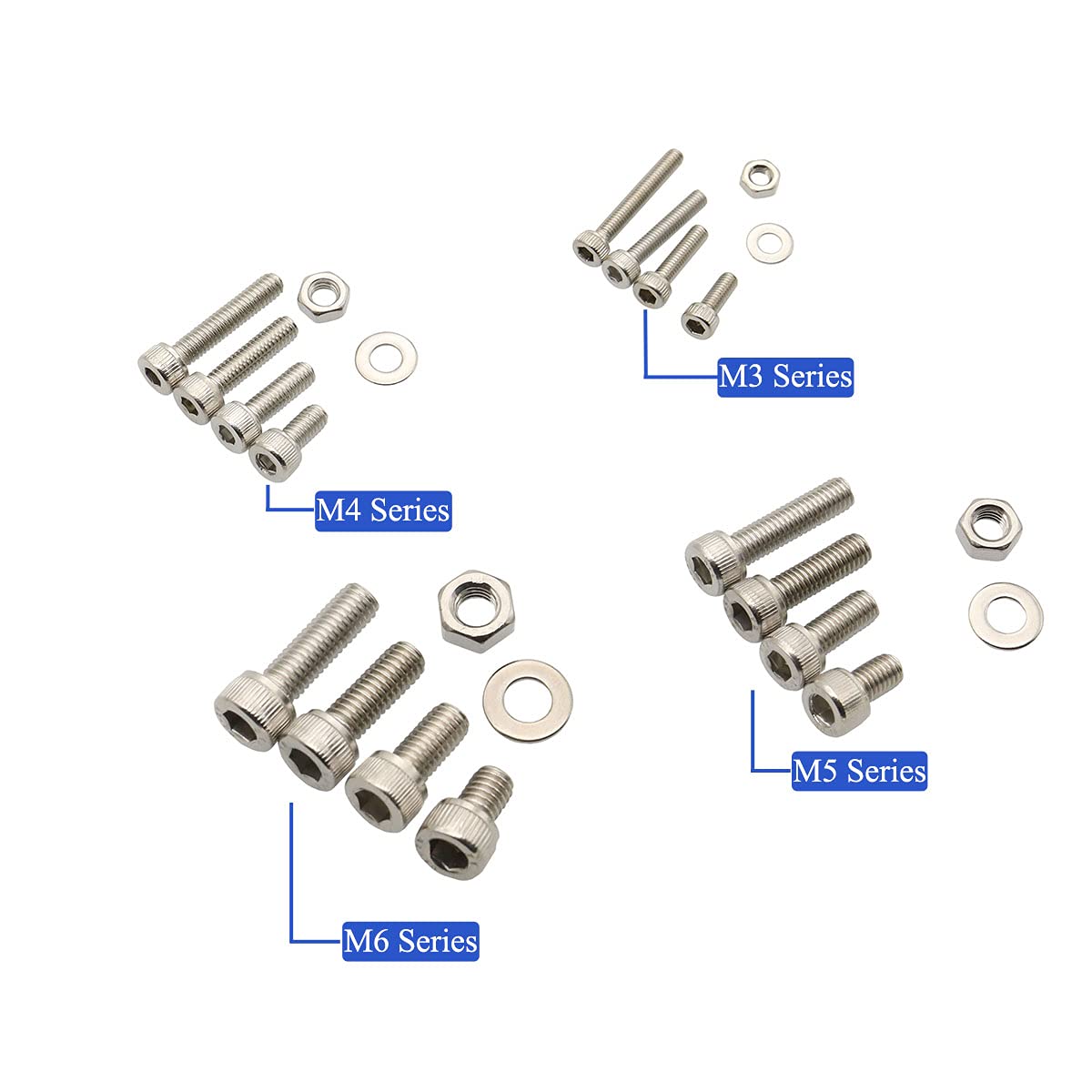 560 piezas M3 M4 M5 M6 304 de acero inoxidable hexagonal cabeza de zócalo pernos tornillos tuercas arandelas surtido kit con llaves hexagonales
