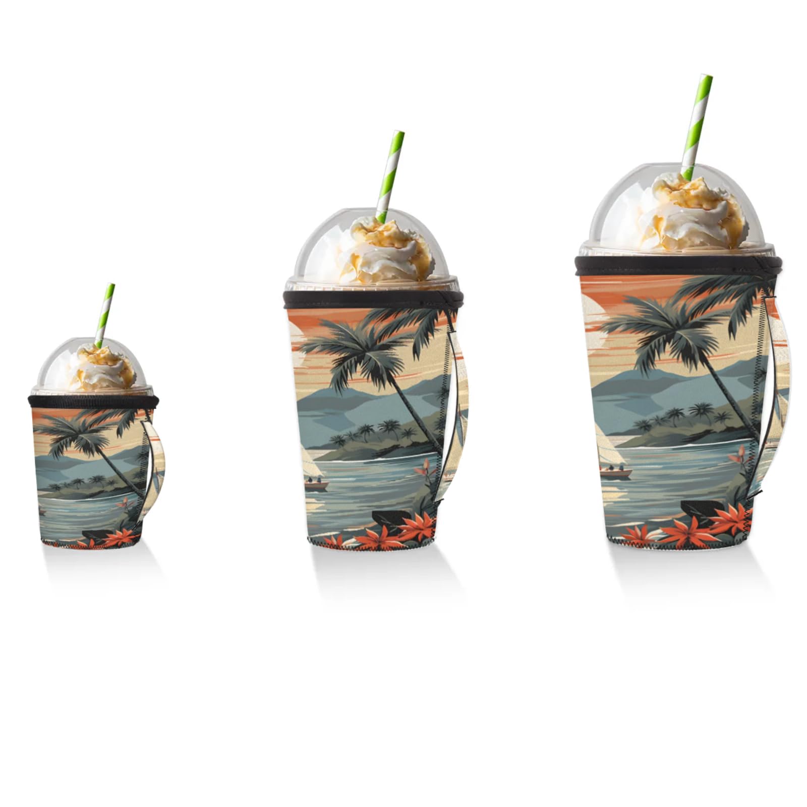 Island Sailing Coconut Tree Reusable Neoprene Coffee Sleeve with Handle Insulated Iced Coffee Cup Holder Reduces Condensation Fits 24-28 oz Cups M