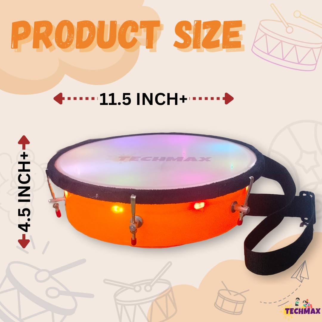 Lighting Dholak Tasha - Sensor Based - Rechargeable (Orange - Single Side - 11.5 INCH) 1