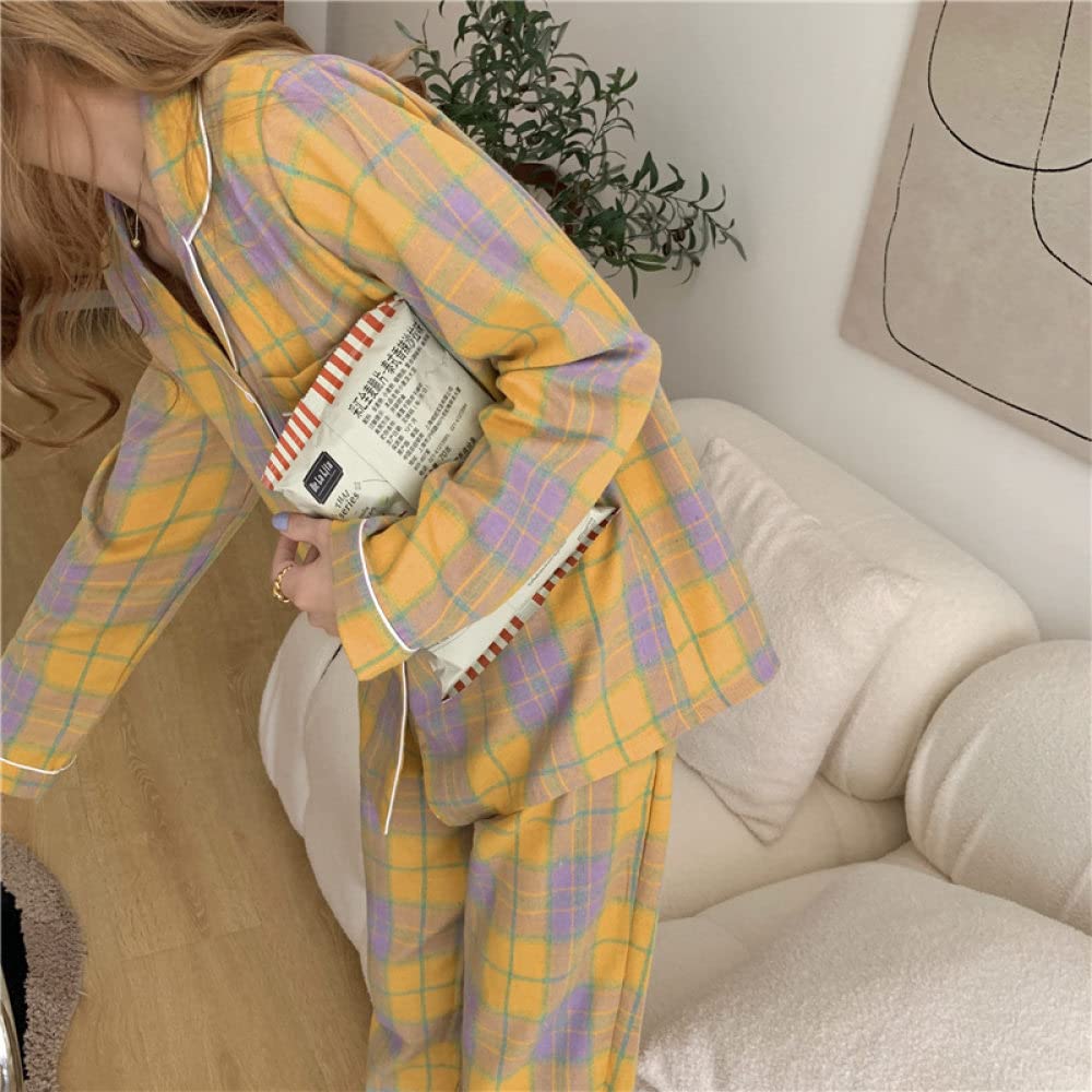 Pigiama Donna Corto - Pigiama da Notte in Cotone Color Block A Quadri alla Moda Set da Pigiama Casual A Maniche Lunghe da Donna Top & Pantaloni Indumenti da Notte Cozy Soft Loungewear