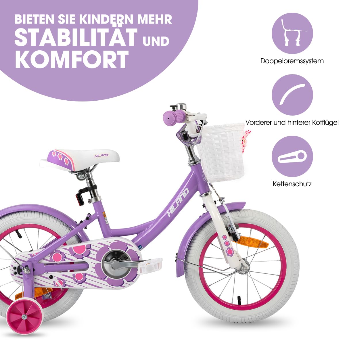 HILAND 12/14/16 Zoll Mädchenfahrrad, Kinderfahrrad mit Korb und Stützrädern, Fahrrad für Mädchen, Rosa/Lila/Weiß