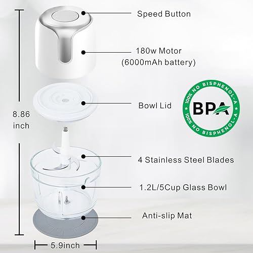 Miniatura 7 de Procesador de alimentos inalámbrico, pequeño picador inalámbrico con cuenco de vidrio de 5 tazas, batería de 6000 mAh USB-C recargable eléctrica