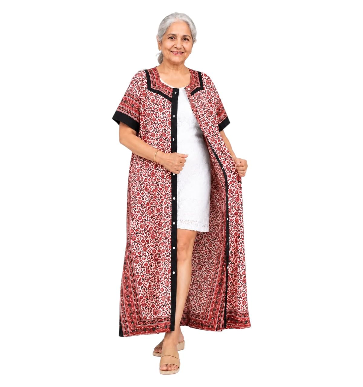 Easy Wear Maxi for Senior Women Women's Cotton Maxi Nightgown Short Sleeve Button Front Round Neck Night Dress Patient Recovery, Hospital Wear, Home Care & Daily Comfortable Wear Free Size-picture-33