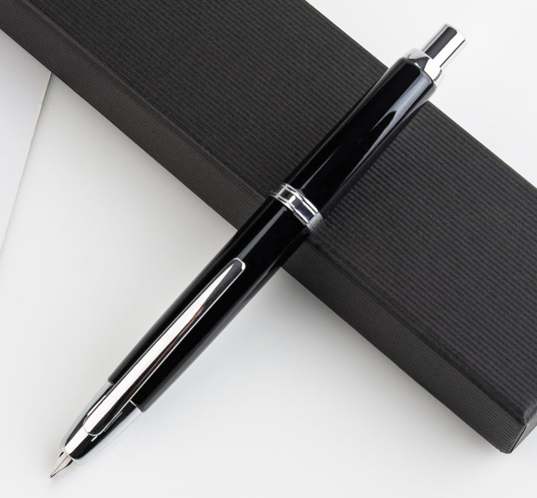 JINHAO 10 Press Füllfederhalter, einziehbarer Metallstift mit Tintenkonverter (F-Feder 0,5 mm, Hellschwarz)