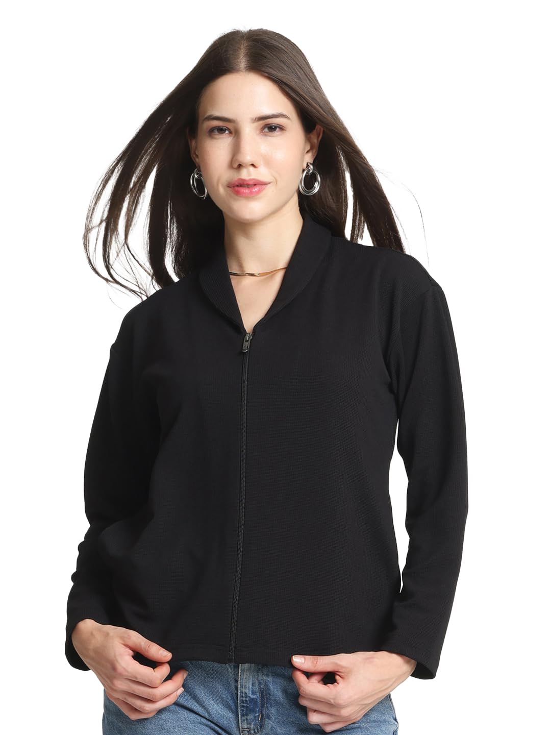 Black Shawl Collar Solid Full Sleeves Casual Jackets For Women-image-15