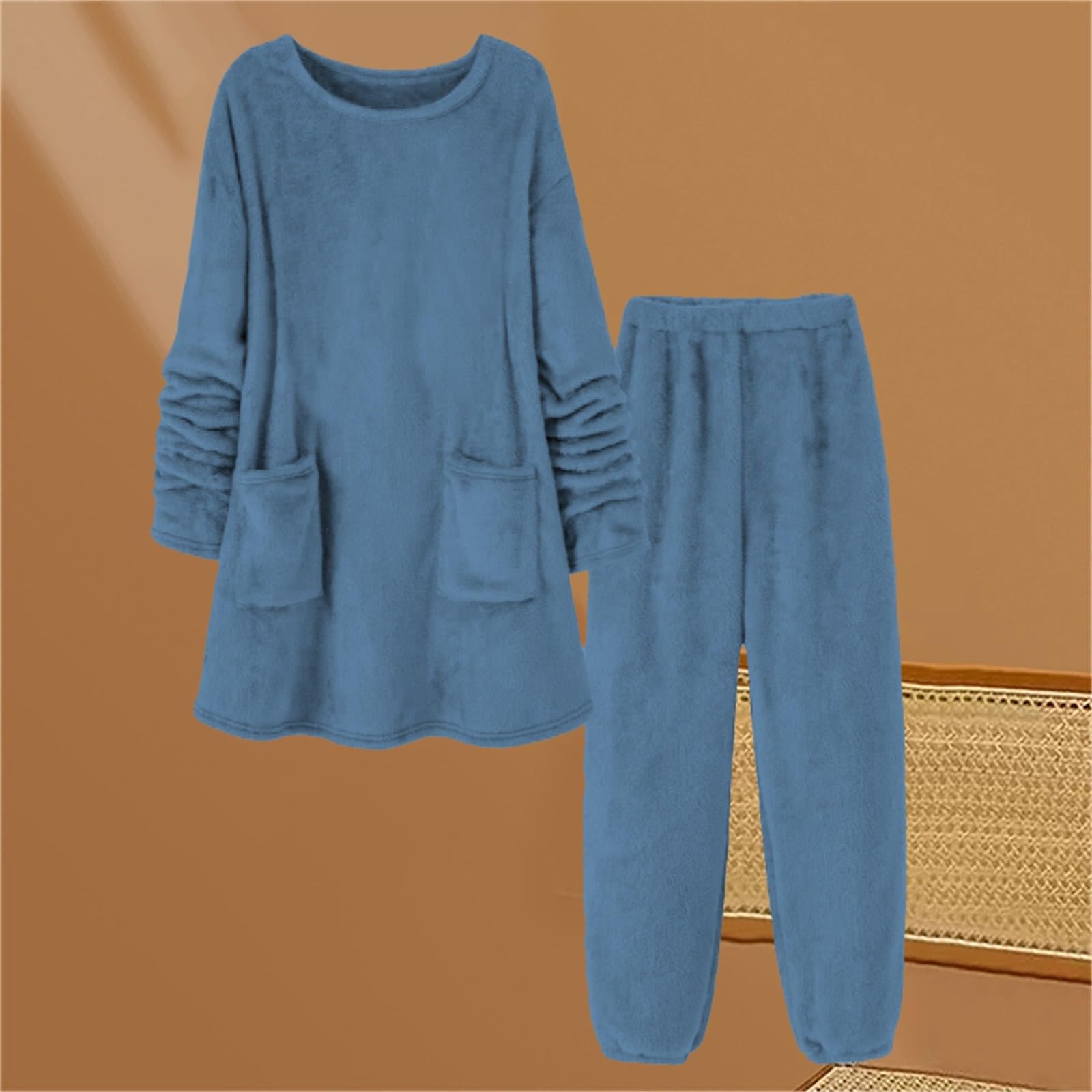 Traje de casa para mujer, suave, cálido, de dos piezas, para invierno, elegante, largo, cuello redondo, camiseta de dormir con bolsillos, juego de pantalones de pijama mullido, ropa de dormir, chándal