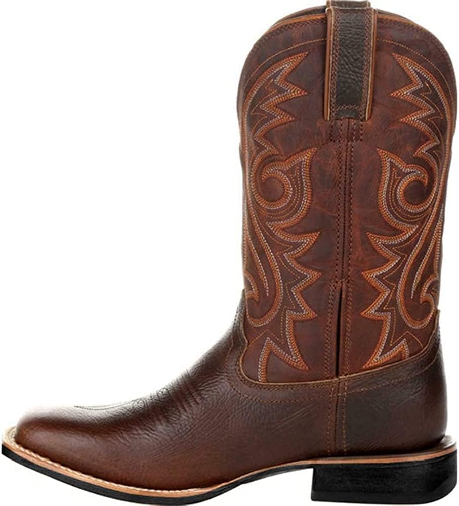 Bottes de cowboy larges classiques vintage mi-mollet, bottes western brodées à bout pointu et talon bloc