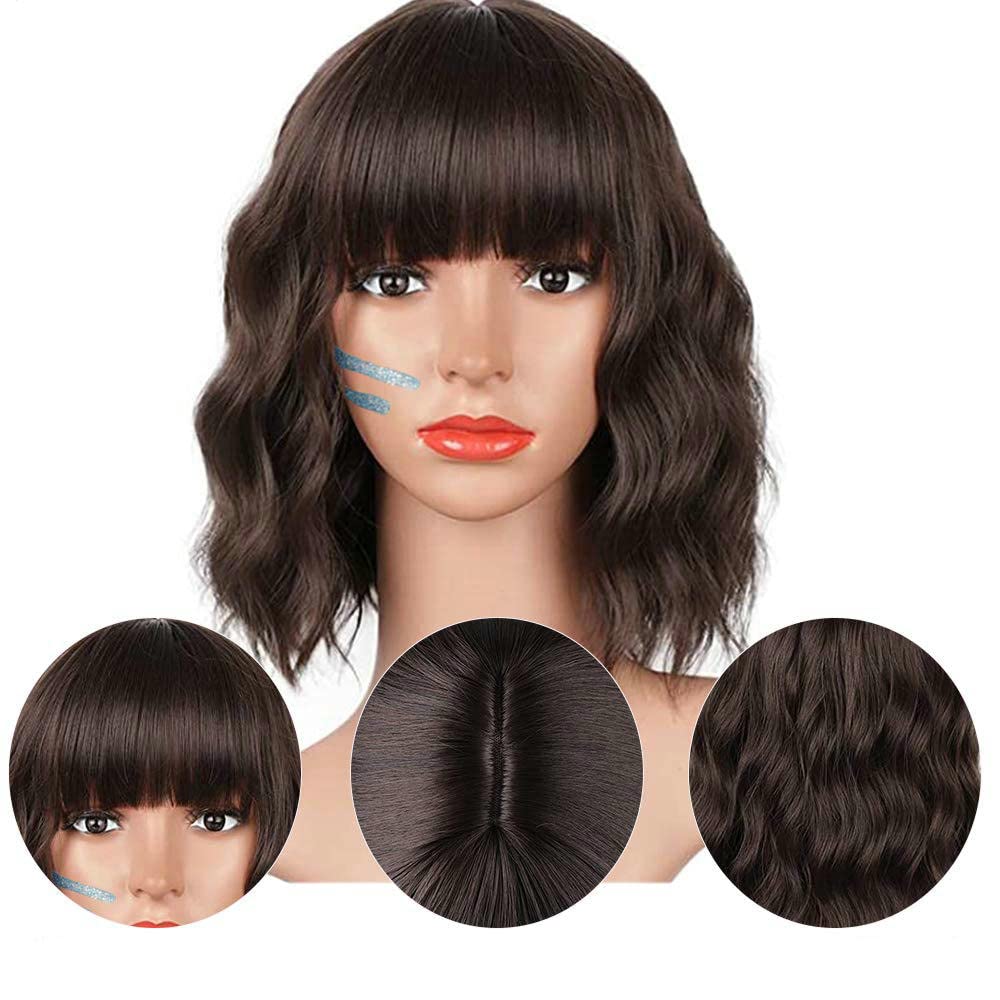 14 Inch Wavy Wig with Bangs Brown Wigs