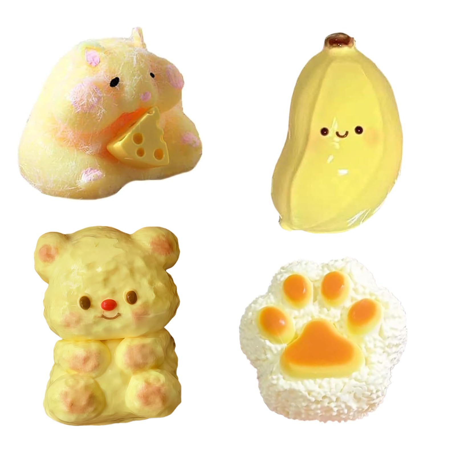 4 Stück Fufu Squishy,Taba Squishy Set,Banane, Kleiner Bär, Hamster, Katzenpfote, Taba Squishy, niedliches Stressabbau-Spielzeug für alle Altersgruppen