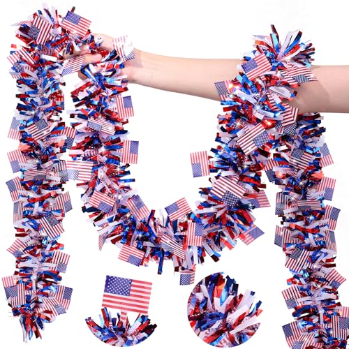 Image of 50FT 4th of July Patriotic Decor Tinsel Garland Decorations, Red White and Blue USA Flag Garlands for Memorial Day Decor Fourth of July Independence Day Indoor Outdoor Yard Home Party Decor Supplies