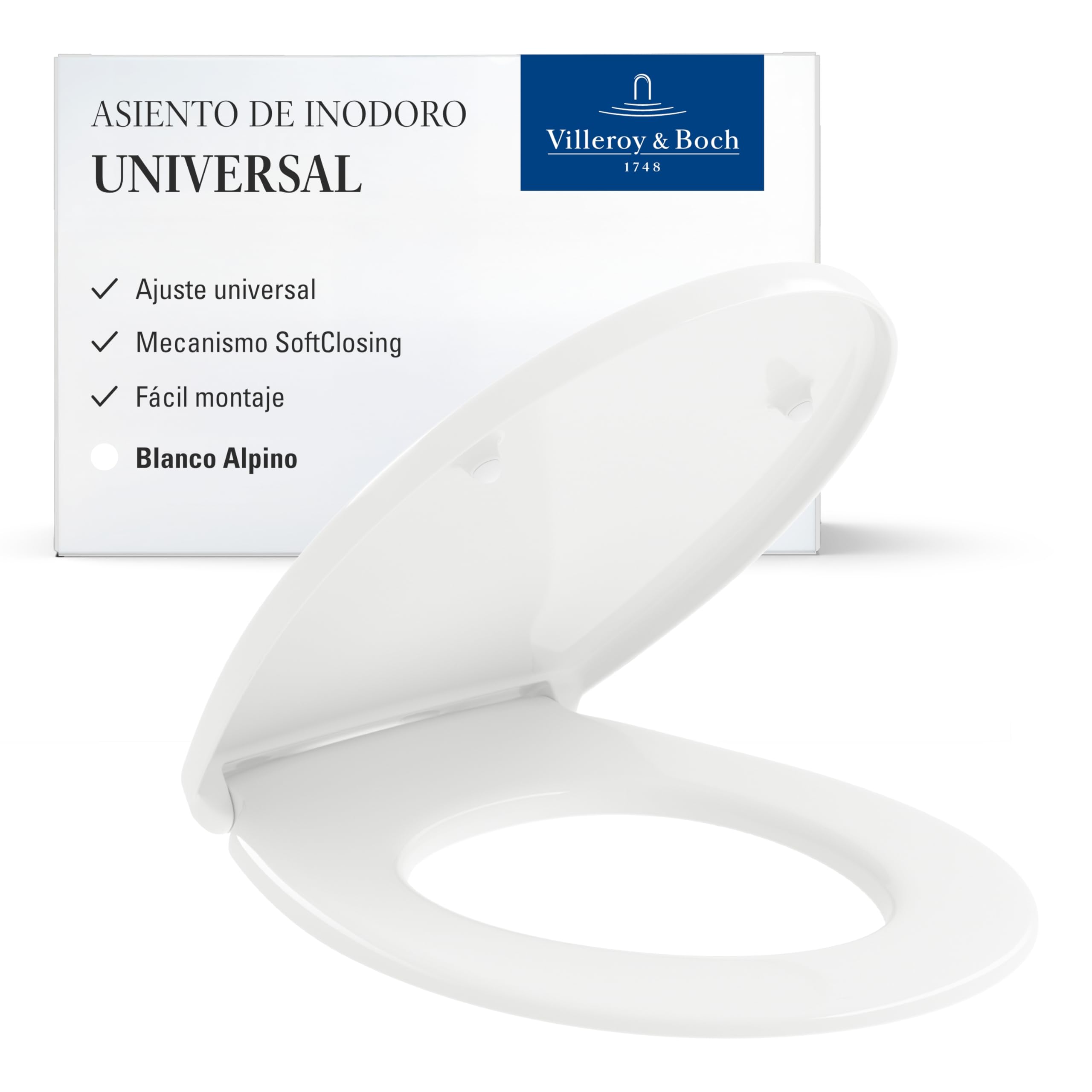 Villeroy & Boch Asiento de inodoro universal ovalado – Tapa blanca brillante con cierre suave – Duroplast resistente y desmontable – Tapa de WC en forma ovalada – Recambio original