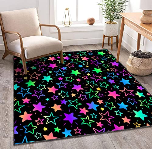 OBIEORNNCFUJ Kids Area Rugs Seamless Background with Bright neon Stars 3D Rugs for Playroom Bedroom Classroom Decor Yoga Mat Non-Slip Floor Outdoor Mat Carpets for Kids 4x6 ft