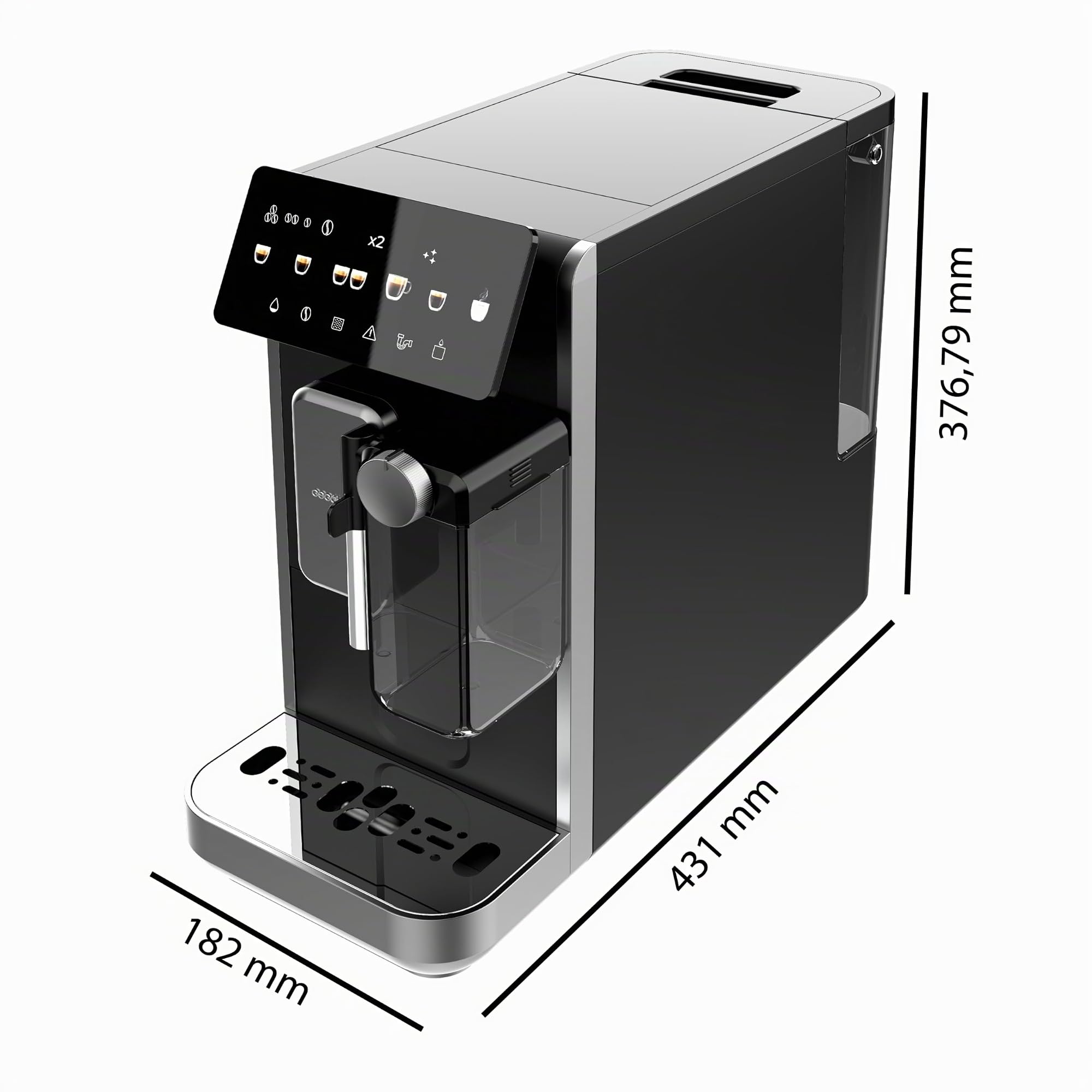 Cecotec Kaffeevollautomat mit Milchbehälter Cremmaet Lungo Latte Art, 2230W | 19 Bar, 20g Verarbeitungsgruppe, 7 Getränke, Bildschirm und Touch - Steuerung, Gleichmäßiges und Präzises Mahlen, 2L Behälter