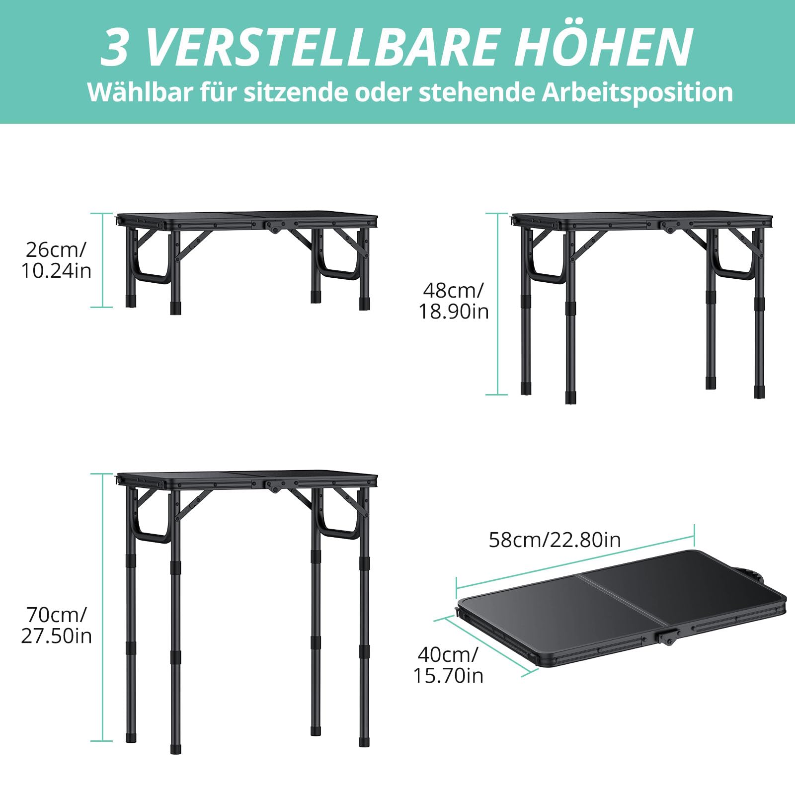 VINTEAM Campingtisch, 3-Fach höhenverstellbar, Leichter klappbarer Picknicktisch mit MDF-Platte, tragbarer Tisch für Grillabende, Picknicks, tragbarer Outdoor-Tisch, Kleiner Klapptisch - 58x40 cm