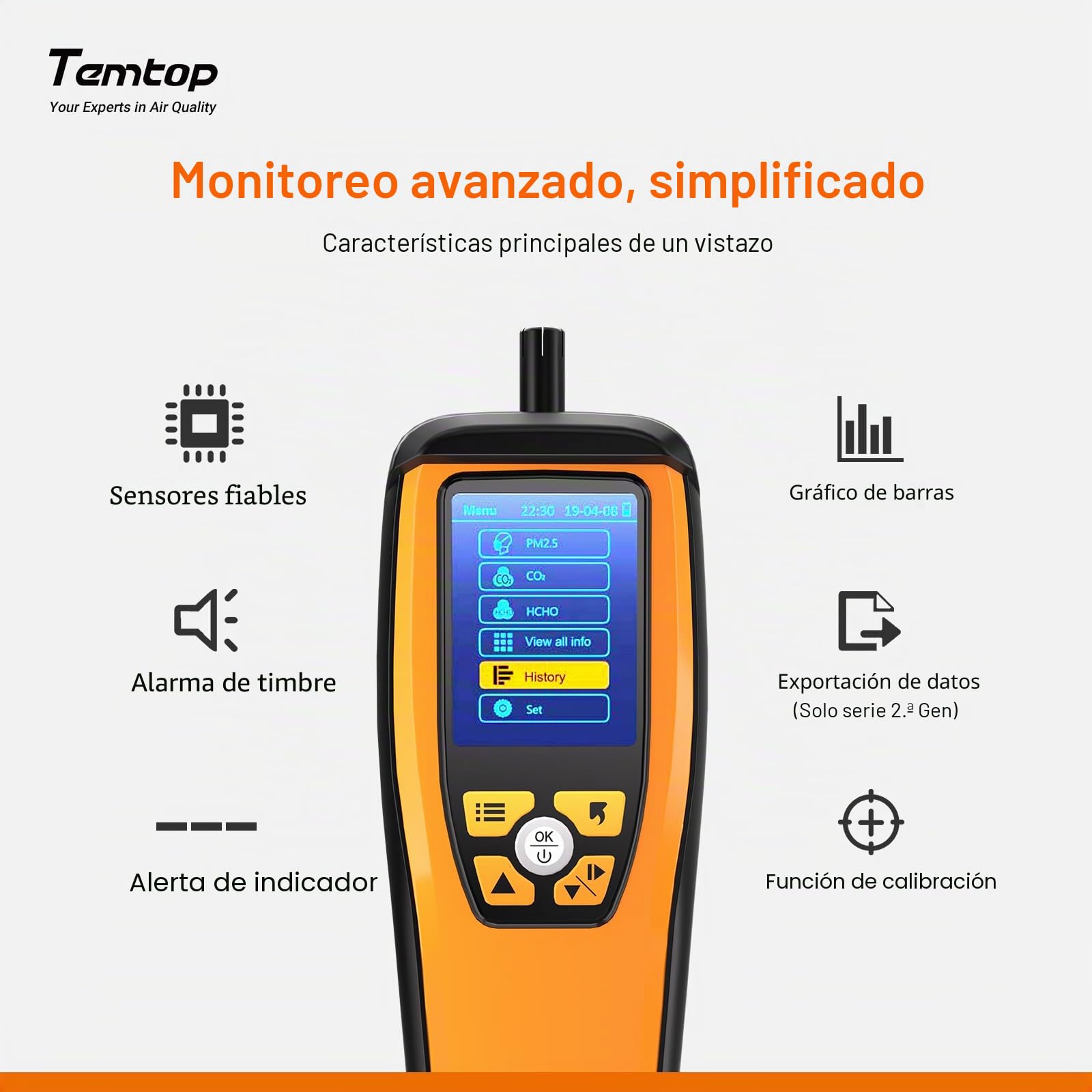 Temtop M2000 2nd Monitor de Calidad del Aire para PM2.5 PM10 Partículas Temperatura CO2 Humedad configurable Alarma de Audio Grabación Curva Fácil Calibración (M2000 2end)