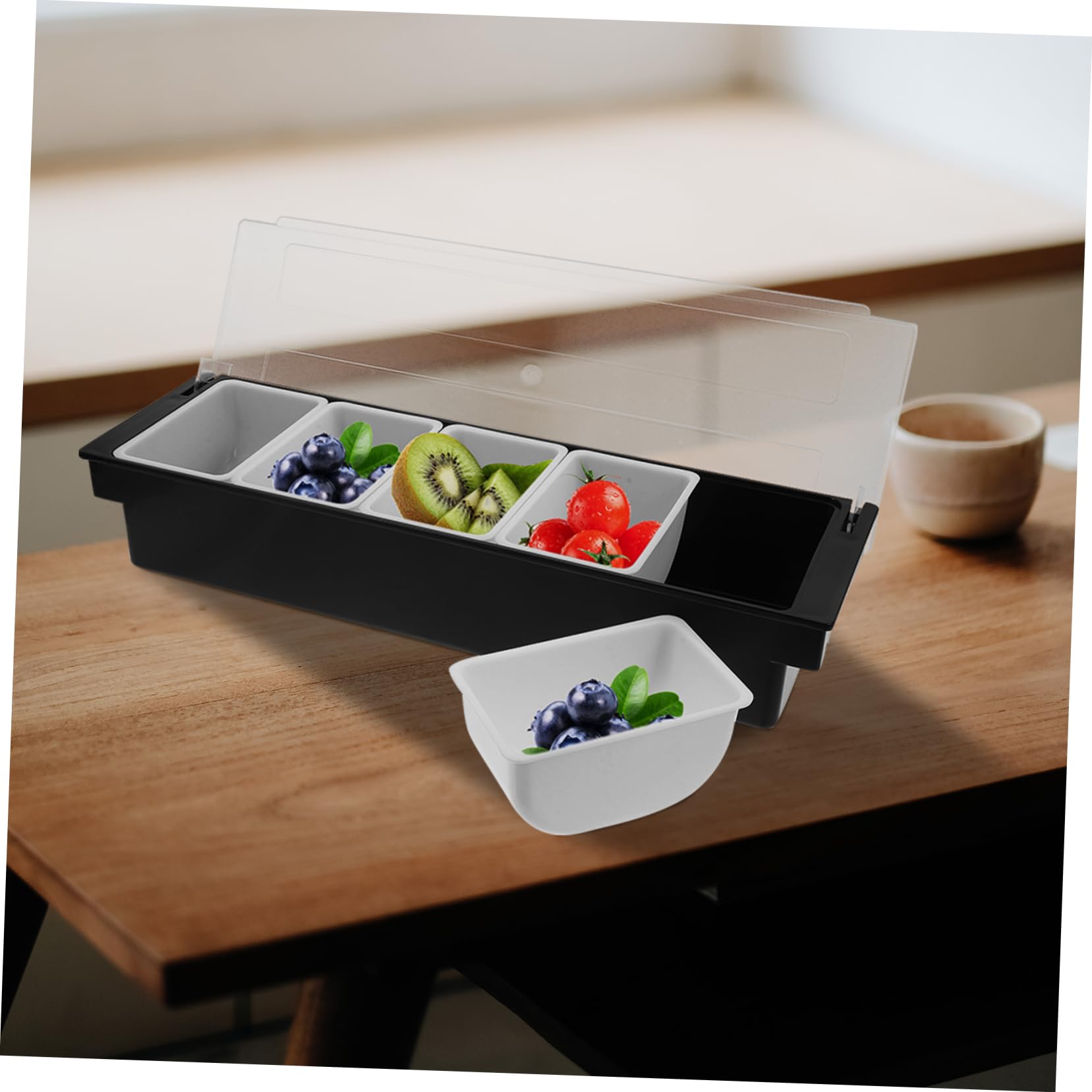 Mikikit Boîte Compartimentée 5 Cases en Plastique Robuste avec Couvercle Hermétique, Récipient Alimentaire Polyvalent pour Condiments et Fruits Secs, pour Bar et Service en Restauration