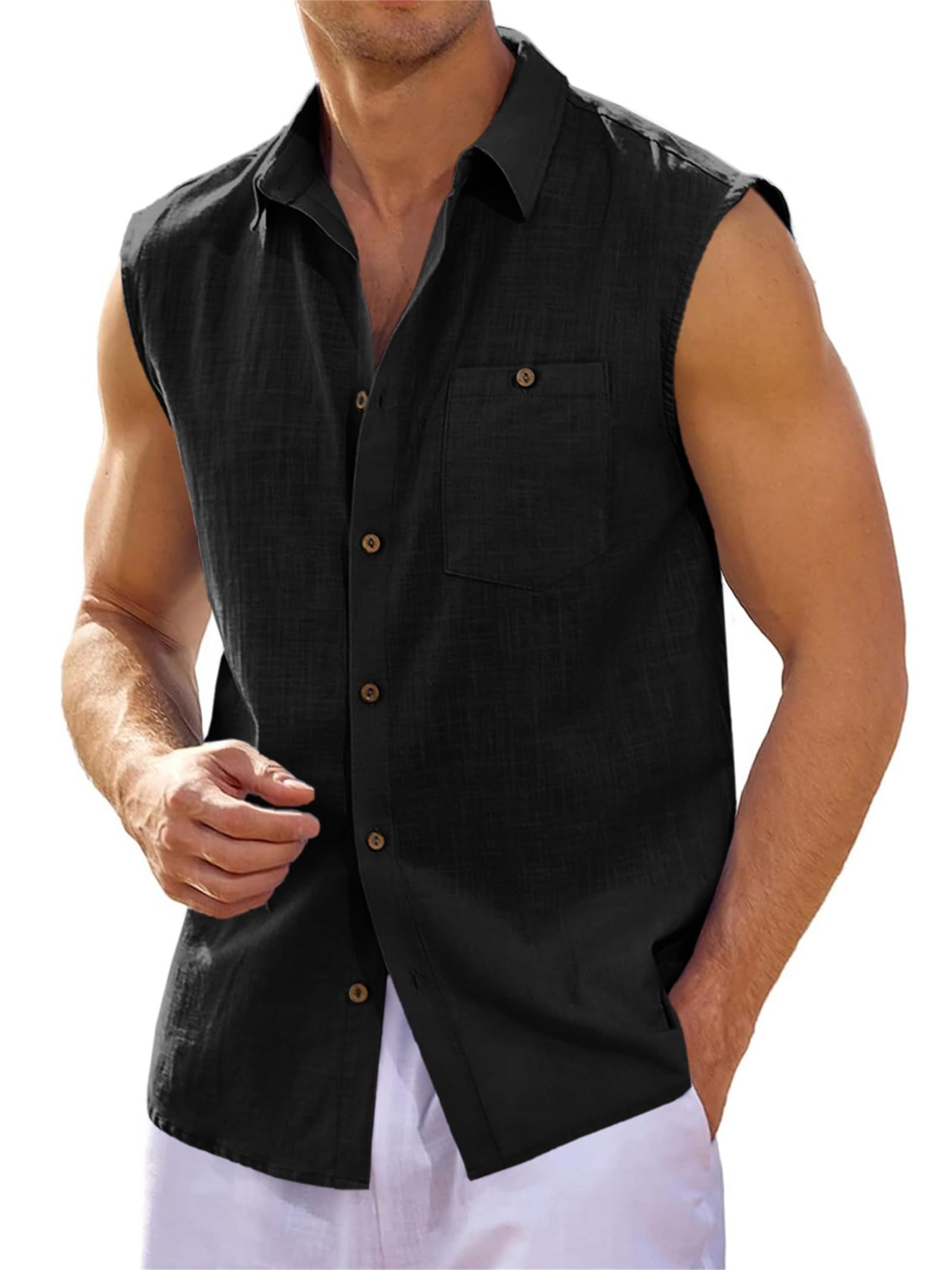 Runcati Chemise en lin sans manches pour homme avec col retourné, pour la plage, l'été, les loisirs, avec poche