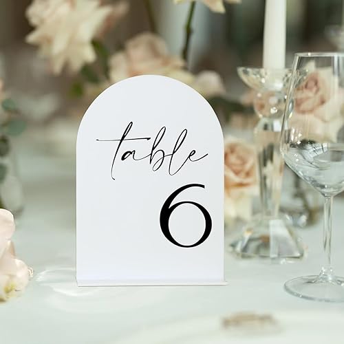 Miniatura 7 de Mesa de boda de arco blanco números 1-15 con soportes, letreros y soportes acrílicos arqueados de 5 x 7 pulgadas, números de mesa de arco blanco