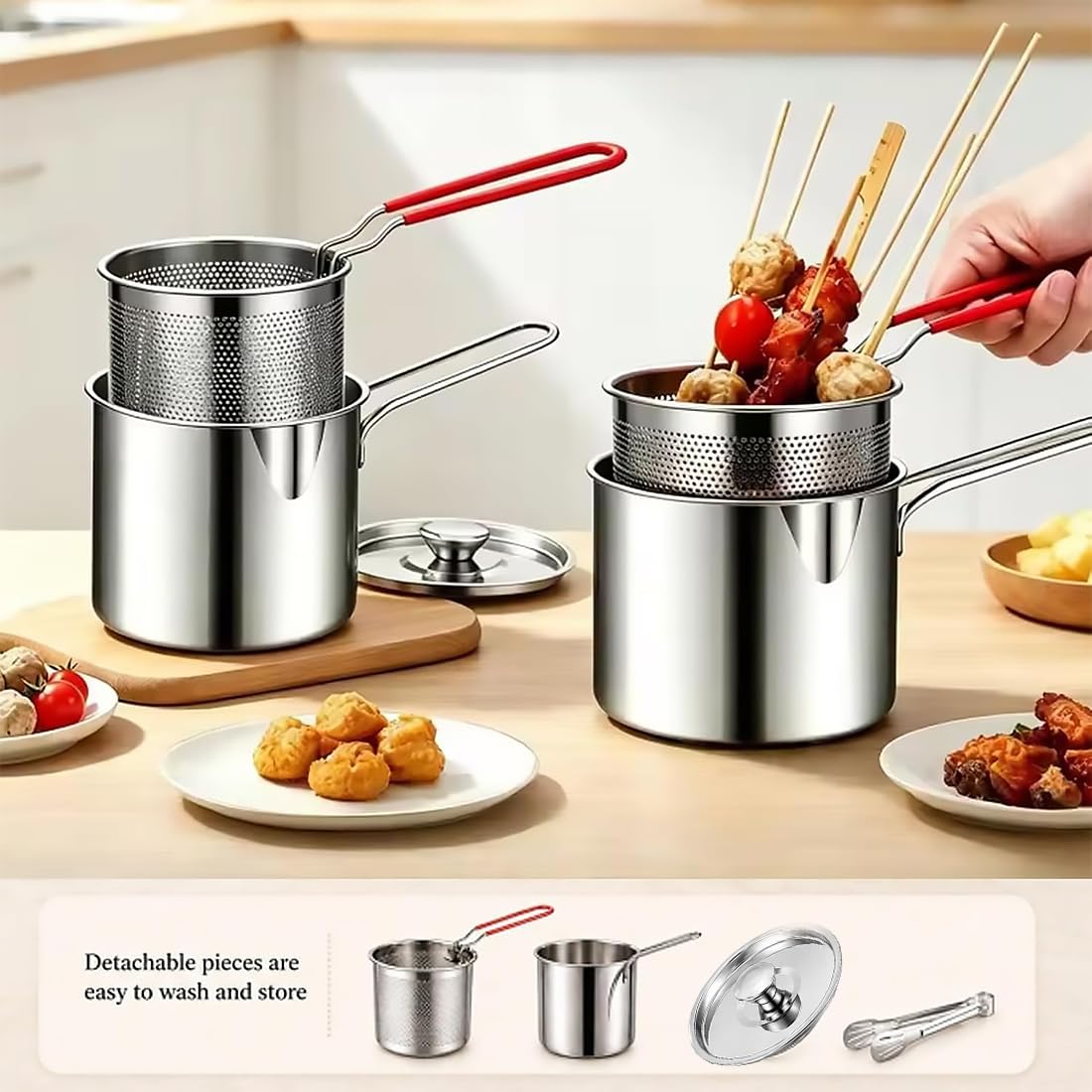 Set Mini Friggitrice Profonda Personale, Pentola Filtro Olio (#B) | Pentola Multifunzionale in Acciaio Inox 304 Cestino Filtro, Pentola Compatta con Coperchio per Cucina, Friggere, Cucinare