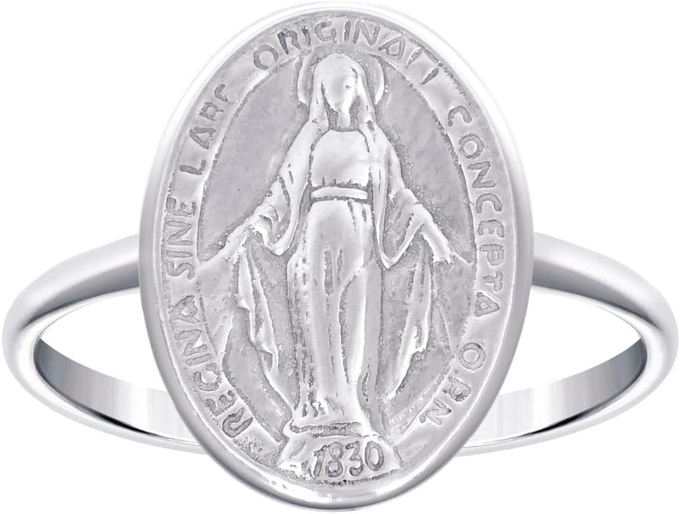 925 Sterling Silver Miraculous Medal Religious Ring – 14.6x10mm Oval Virgin Mary Ring – Dainty Catholic Faith Jewelry for Women
