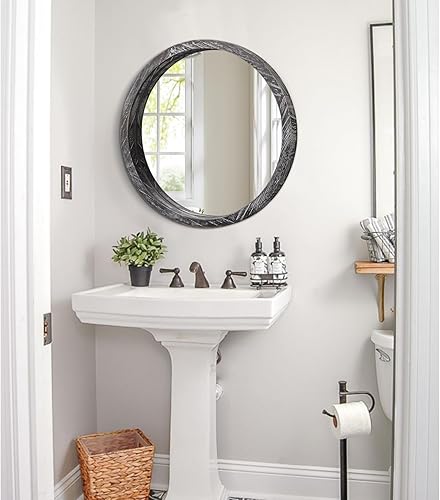 Miniatura 153 de JJUUYOU Espejo circular de pared redondo para baño, espejo de tocador marrón rústico, pequeño círculo decorativo para pared, marco de madera, espejo