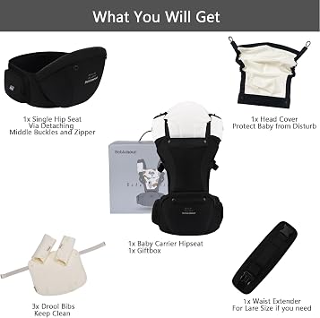 Bebamour Baby Carrier with Hip Seat, Newborn to Toddler 0–36 Months, Ergonomic Infant Carrier with Adjustable Waist Belt, Head Hood, Teething Pads & Waist Extender, Black